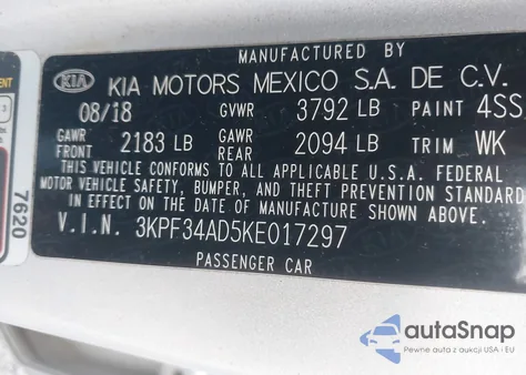 2019 Kia Forte S z USA, uszkodzony, nr VIN 3KPF34AD5KE017297